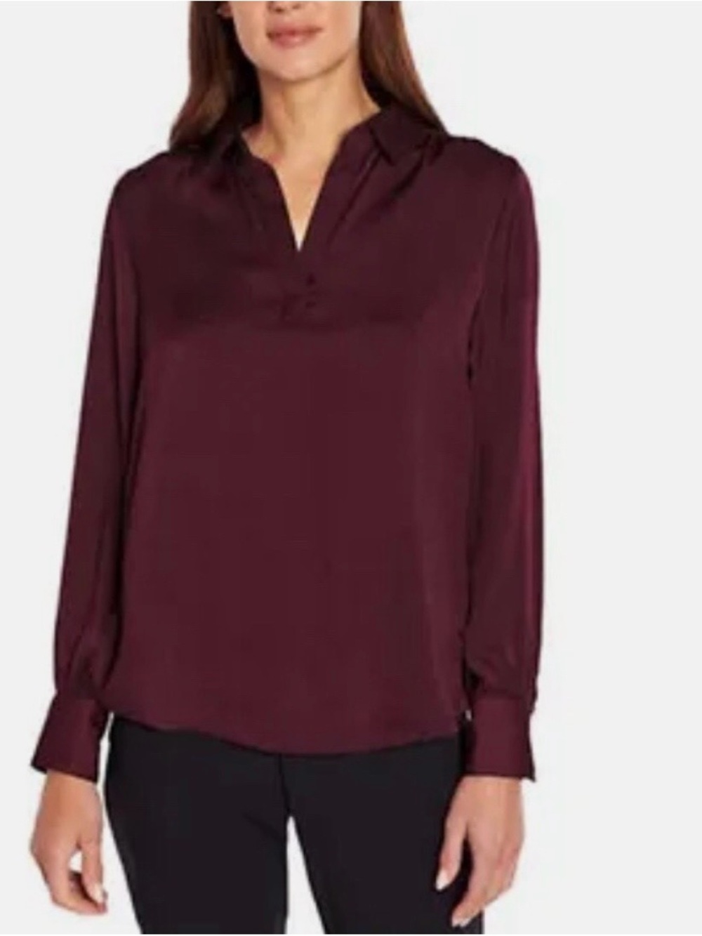 Banana Republic Womens Burgundy Long-Sleeve Satin V-Neck Pullover